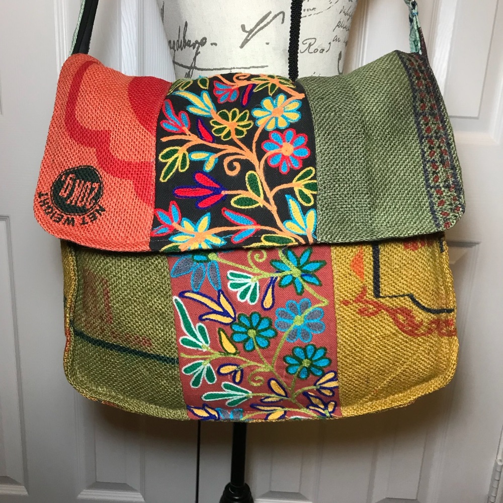 Embroidered Burlap, Boho Crossbody Bag